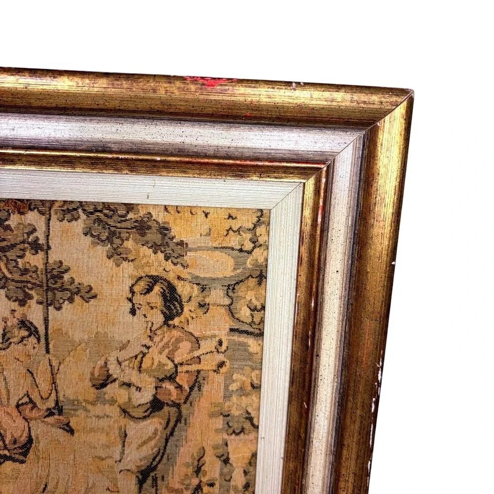 Vintage French Rococo Style Framed Tapestry Wall Art Pastoral Garden Scene 12x13